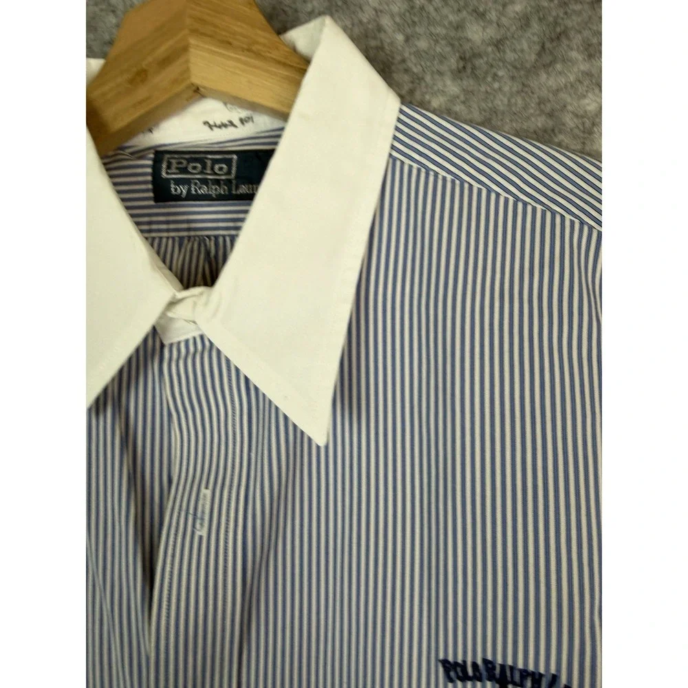 Vintage Polo Ralph Lauren Shirt Mens Large Striped NYC RL.CC Button Up Blue 90s